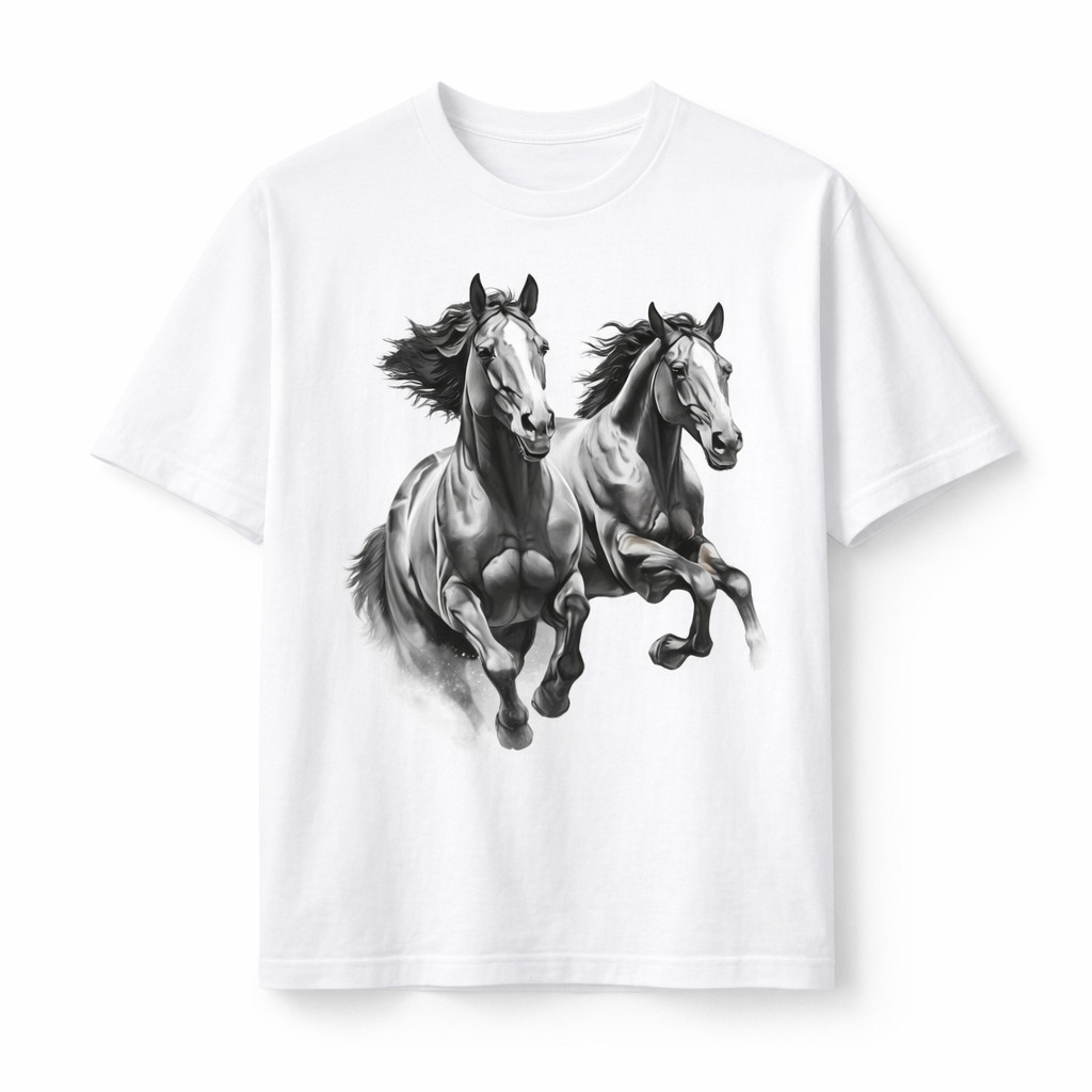 tee shirt chevaux noir et blanc